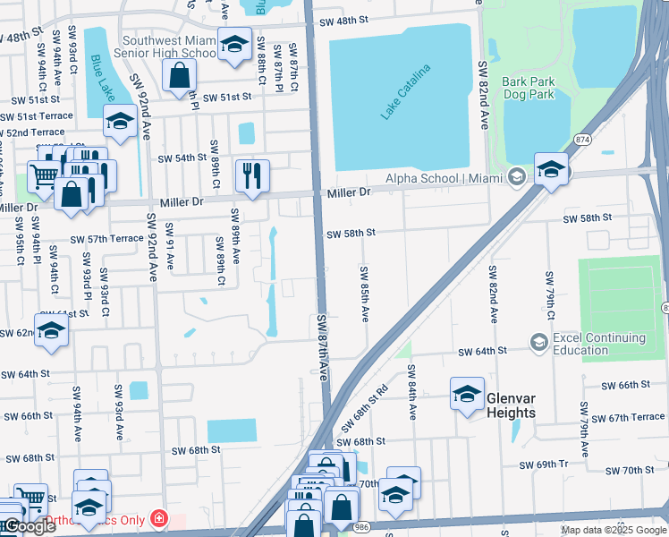 map of restaurants, bars, coffee shops, grocery stores, and more near 6005 Southwest 87th Avenue in Miami