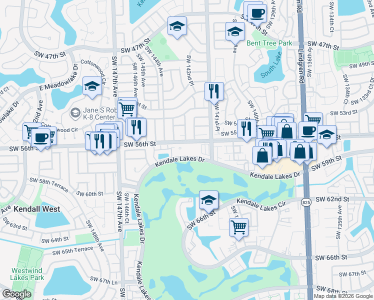 map of restaurants, bars, coffee shops, grocery stores, and more near 14305 Southwest 57th Lane in Miami