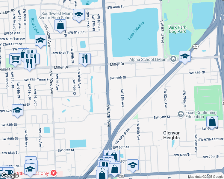 map of restaurants, bars, coffee shops, grocery stores, and more near 6005 Southwest 87th Avenue in Miami