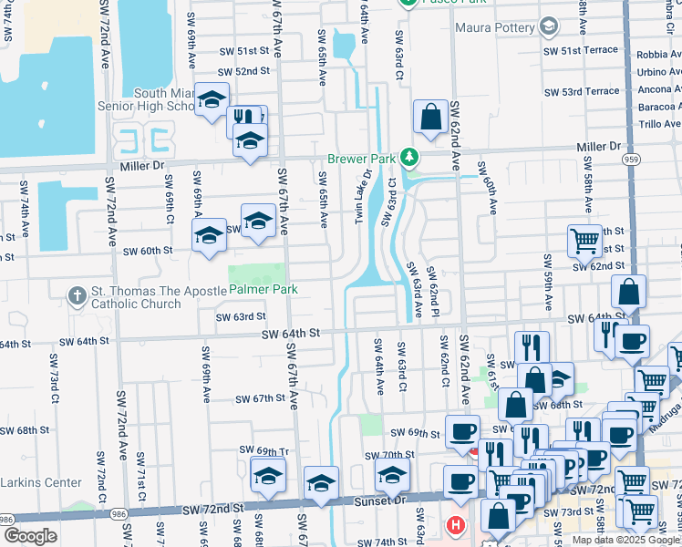 map of restaurants, bars, coffee shops, grocery stores, and more near 6151 Southwest 64th Avenue in South Miami