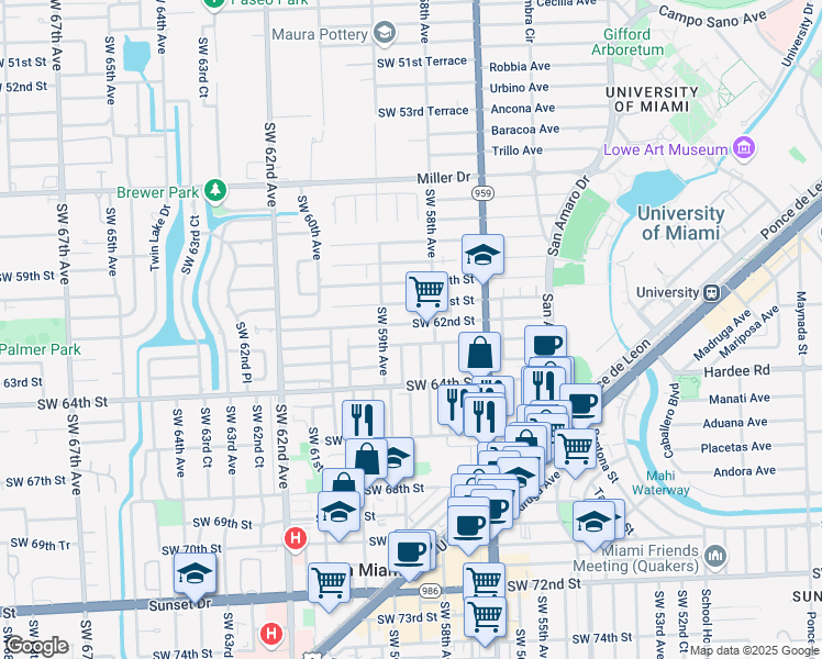 map of restaurants, bars, coffee shops, grocery stores, and more near 5875 Southwest 62nd Terrace in Miami
