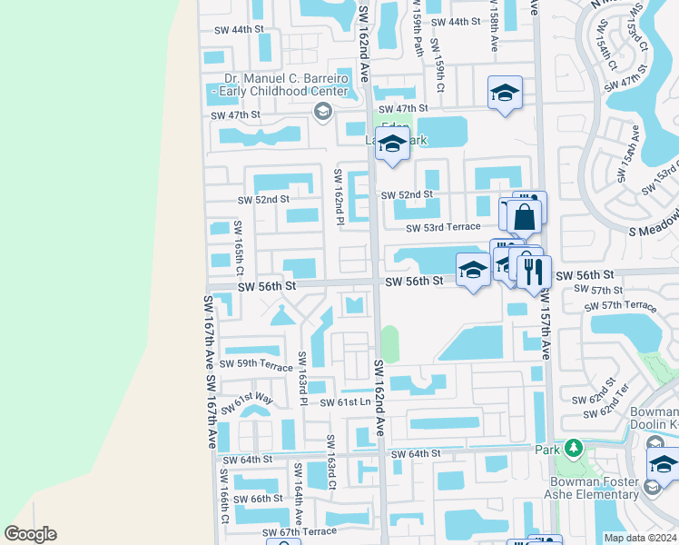 map of restaurants, bars, coffee shops, grocery stores, and more near 5924 Southwest 162nd Place in Miami