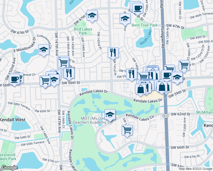 map of restaurants, bars, coffee shops, grocery stores, and more near 2 Southwest 57th Lane in Miami