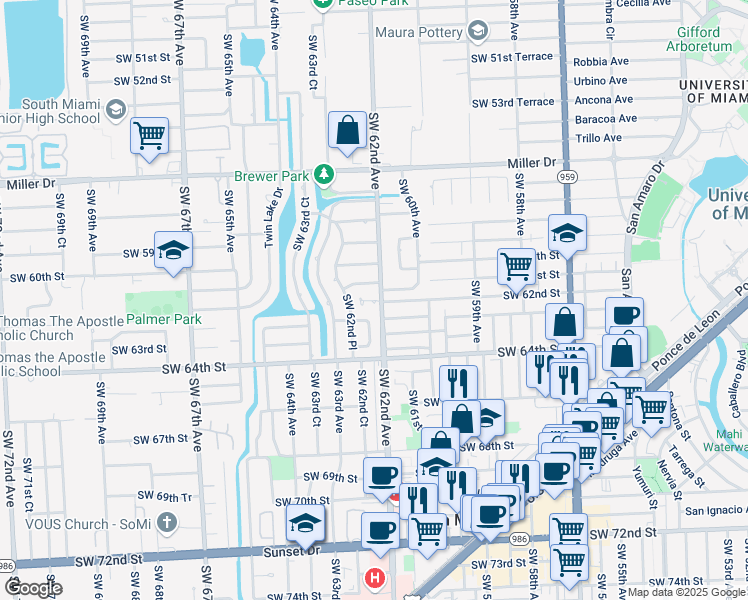 map of restaurants, bars, coffee shops, grocery stores, and more near 6165 Southwest 62nd Terrace in South Miami
