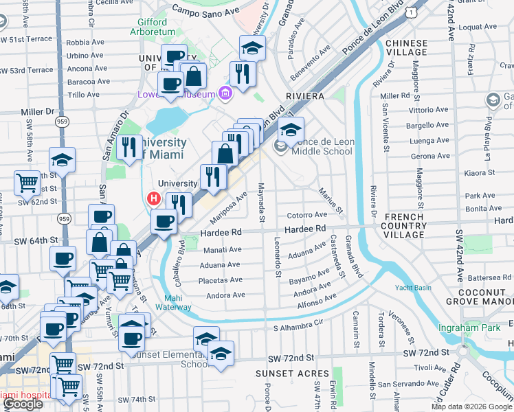 map of restaurants, bars, coffee shops, grocery stores, and more near 6009 Turin Street in Coral Gables