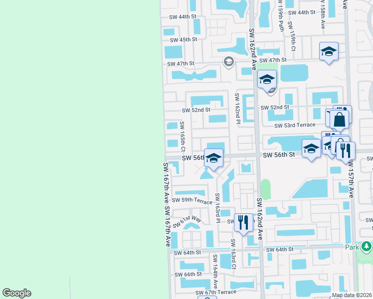 map of restaurants, bars, coffee shops, grocery stores, and more near 5565 Southwest 165th Court in Miami