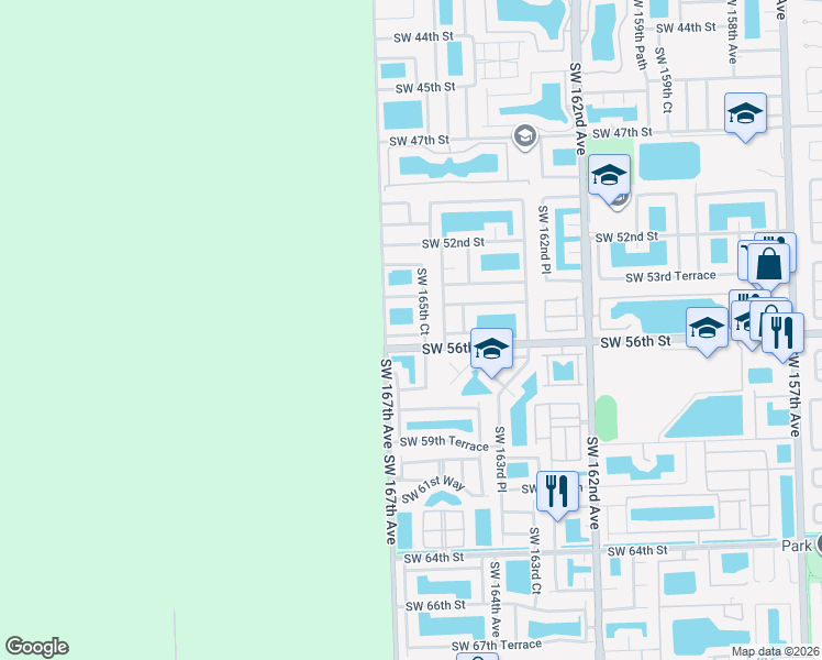 map of restaurants, bars, coffee shops, grocery stores, and more near 5565 Southwest 165th Court in Miami