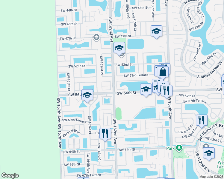 map of restaurants, bars, coffee shops, grocery stores, and more near 16213 Southwest 56th Terrace in Miami