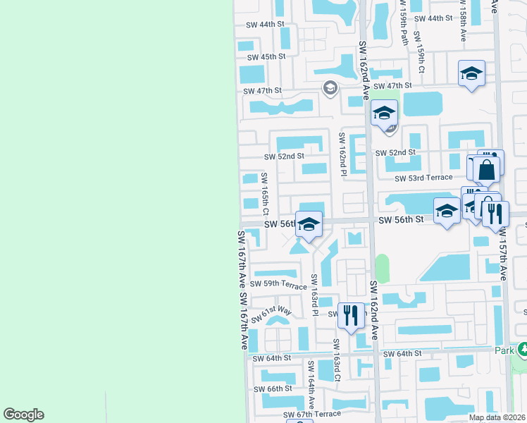 map of restaurants, bars, coffee shops, grocery stores, and more near 5565 Southwest 165th Court in Miami