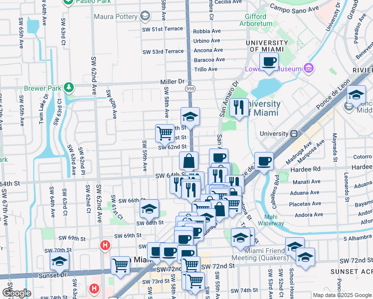 map of restaurants, bars, coffee shops, grocery stores, and more near 6250 Southwest 57th Avenue in Miami