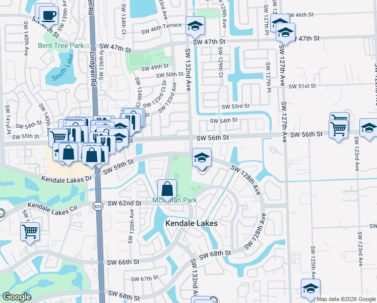 map of restaurants, bars, coffee shops, grocery stores, and more near 5855 Southwest 132nd Court in Miami