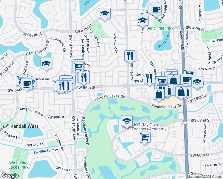 map of restaurants, bars, coffee shops, grocery stores, and more near 14305 Southwest 57th Lane in Miami