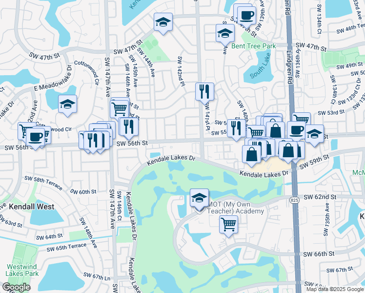 map of restaurants, bars, coffee shops, grocery stores, and more near 14305 Southwest 57th Lane in Miami