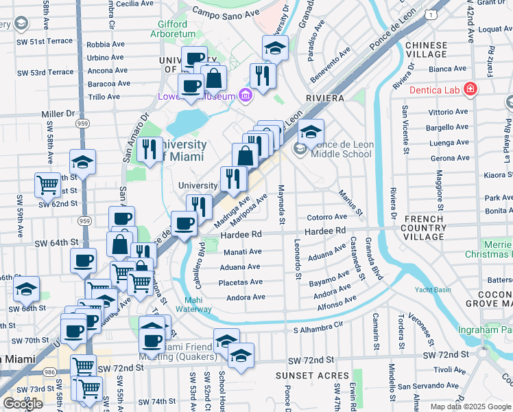 map of restaurants, bars, coffee shops, grocery stores, and more near 1127 Cotorro Avenue in Coral Gables