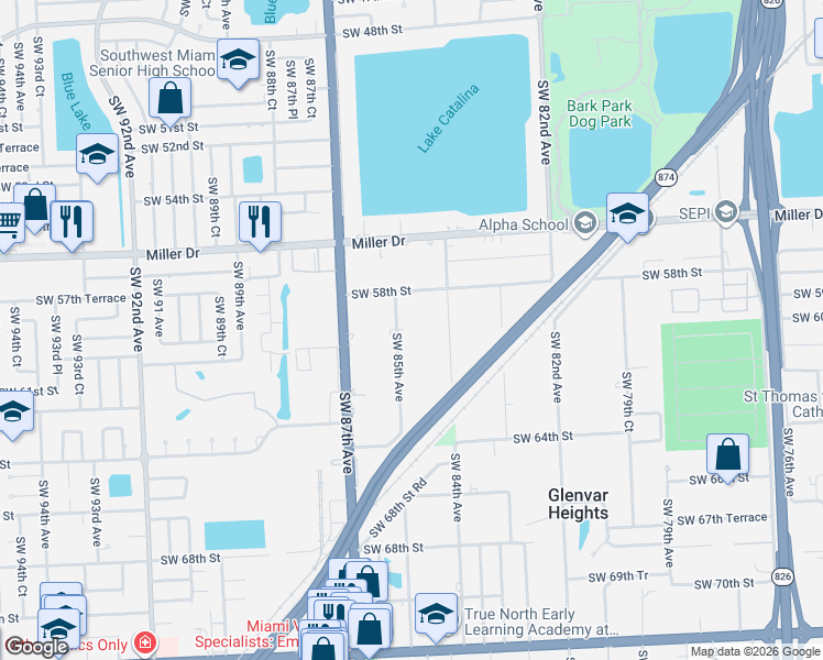 map of restaurants, bars, coffee shops, grocery stores, and more near 5946-6000 Southwest 85th Avenue in Miami