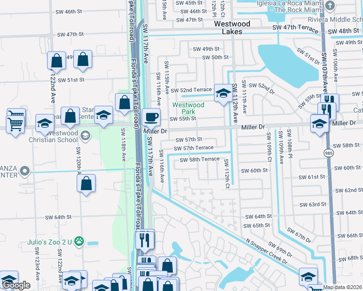 map of restaurants, bars, coffee shops, grocery stores, and more near 11485 Southwest 58th Terrace in Miami