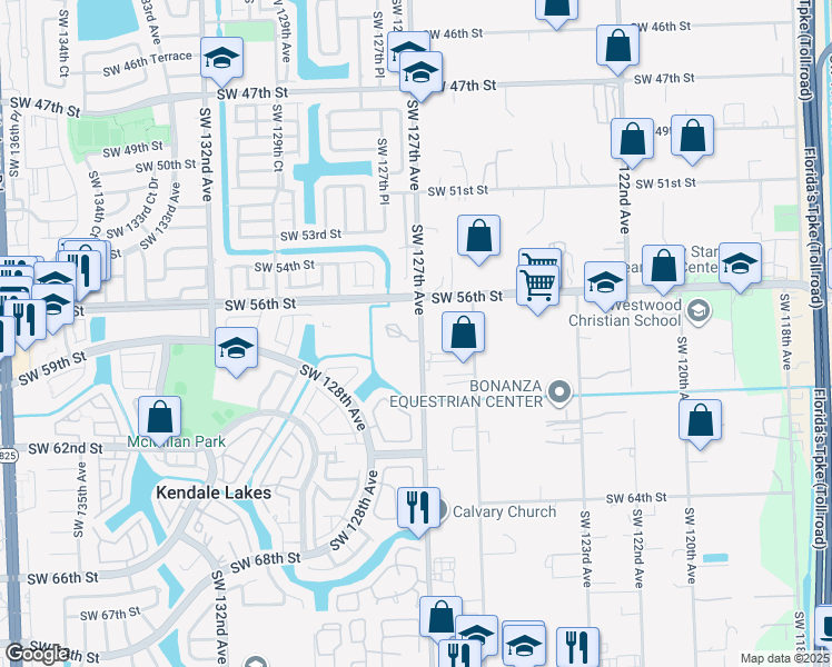 map of restaurants, bars, coffee shops, grocery stores, and more near 5829-5925 Southwest 127th Avenue in Miami