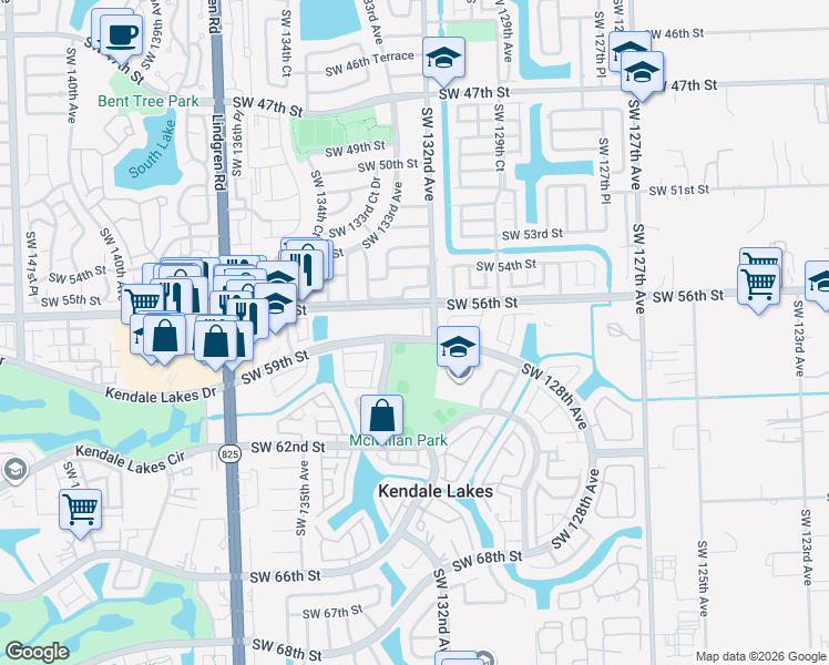 map of restaurants, bars, coffee shops, grocery stores, and more near 5855 Southwest 132nd Court in Miami