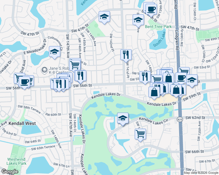 map of restaurants, bars, coffee shops, grocery stores, and more near 14305 Southwest 57th Lane in Miami