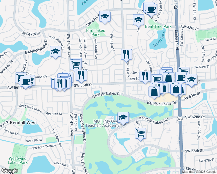 map of restaurants, bars, coffee shops, grocery stores, and more near 14305 Southwest 57th Lane in Miami