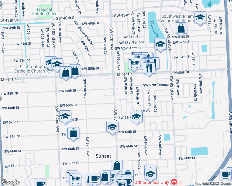 map of restaurants, bars, coffee shops, grocery stores, and more near 9621 Southwest 58th Street in Miami