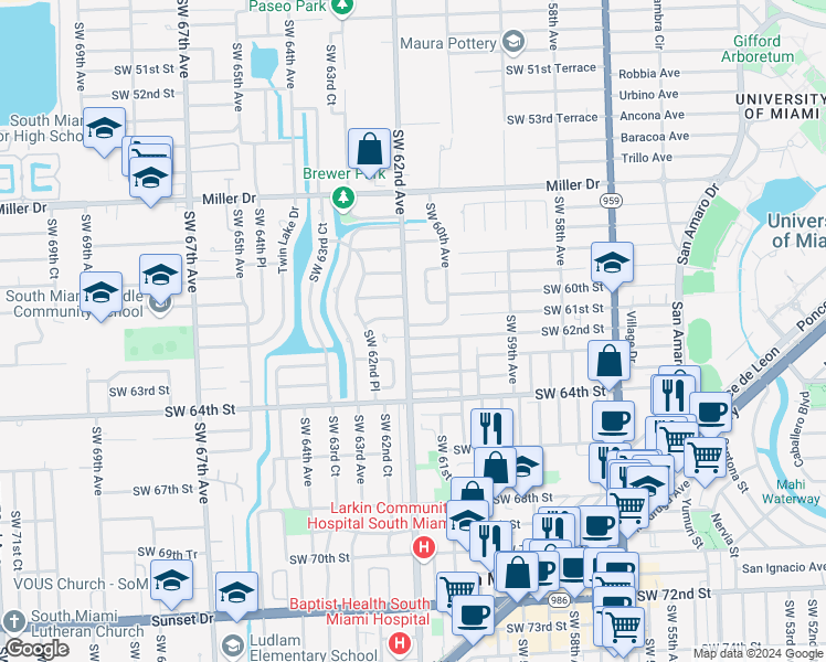 map of restaurants, bars, coffee shops, grocery stores, and more near 6029 Southwest 62nd Avenue in South Miami