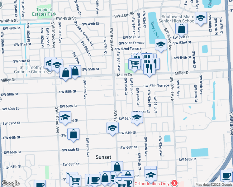 map of restaurants, bars, coffee shops, grocery stores, and more near 9621 Southwest 58th Street in Miami
