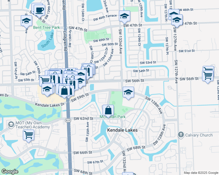 map of restaurants, bars, coffee shops, grocery stores, and more near 13335 Southwest 57th Terrace in Miami