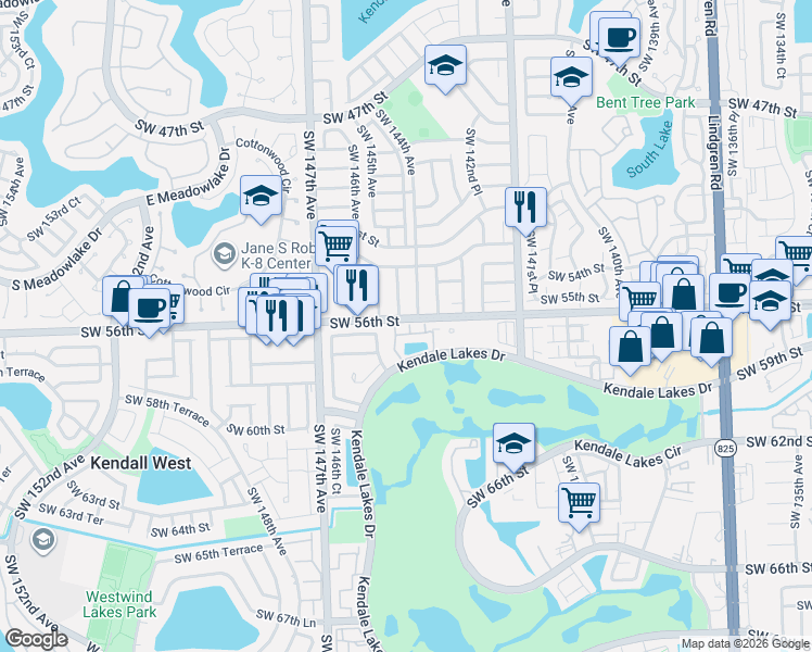 map of restaurants, bars, coffee shops, grocery stores, and more near 5471 Southwest 144th Avenue in Miami