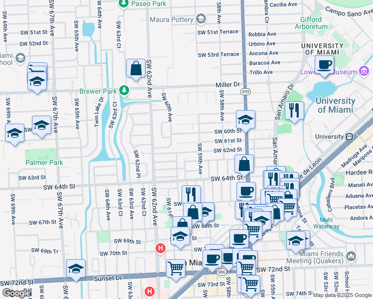map of restaurants, bars, coffee shops, grocery stores, and more near 5921 Southwest 61st Street in South Miami