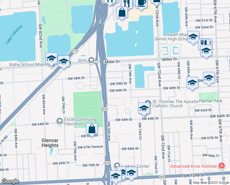 map of restaurants, bars, coffee shops, grocery stores, and more near 7465 Southwest 60th Street in Miami