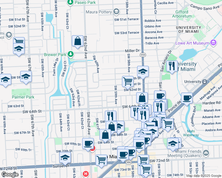 map of restaurants, bars, coffee shops, grocery stores, and more near 5921 Southwest 62nd Street in South Miami