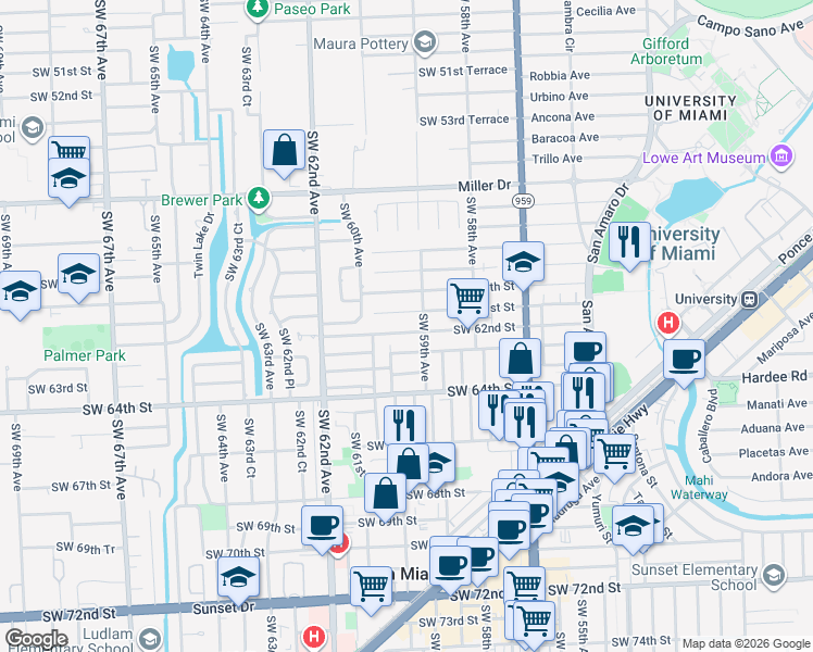 map of restaurants, bars, coffee shops, grocery stores, and more near 5921 Southwest 62nd Street in South Miami