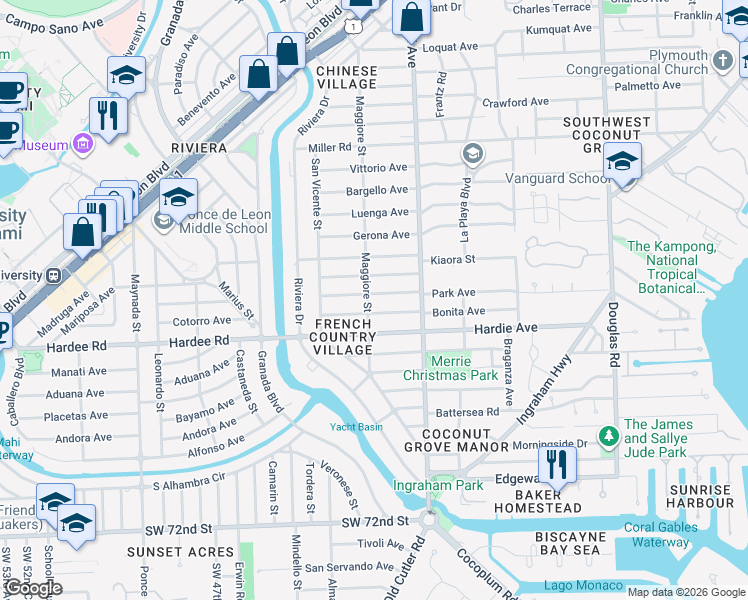 map of restaurants, bars, coffee shops, grocery stores, and more near 5900 Maggiore Street in Coral Gables