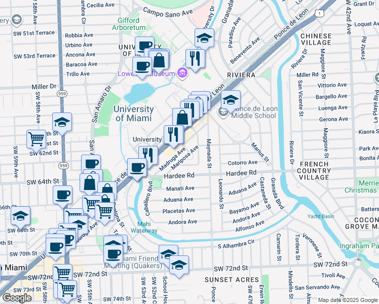 map of restaurants, bars, coffee shops, grocery stores, and more near 1150 Madruga Avenue in Miami