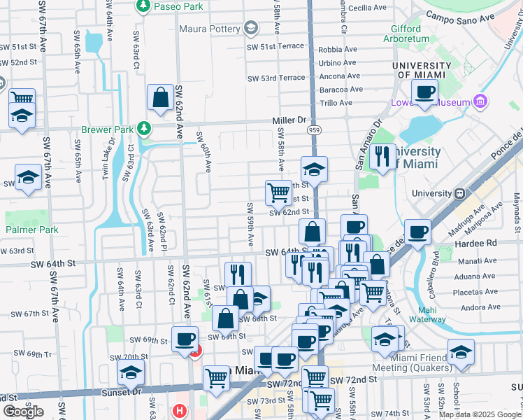 map of restaurants, bars, coffee shops, grocery stores, and more near 5867 Southwest 62nd Street in Miami