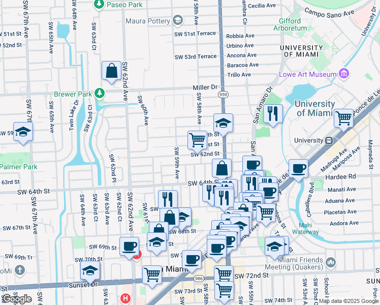 map of restaurants, bars, coffee shops, grocery stores, and more near 5855 Southwest 61st Street in Miami