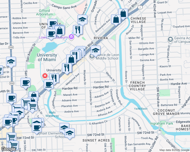 map of restaurants, bars, coffee shops, grocery stores, and more near 5900 Cellini Street in Coral Gables