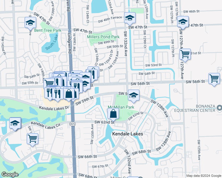 map of restaurants, bars, coffee shops, grocery stores, and more near 13335 Southwest 57th Terrace in Miami