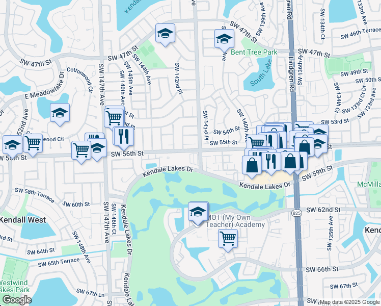 map of restaurants, bars, coffee shops, grocery stores, and more near 14225 Southwest 57th Lane in Miami