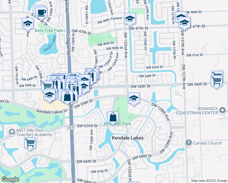map of restaurants, bars, coffee shops, grocery stores, and more near 13335 Southwest 57th Terrace in Miami