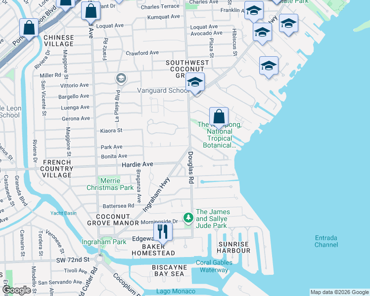 map of restaurants, bars, coffee shops, grocery stores, and more near 4131 Douglas Road in Miami