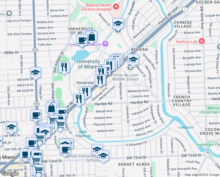 map of restaurants, bars, coffee shops, grocery stores, and more near 1150 Madruga Avenue in Miami