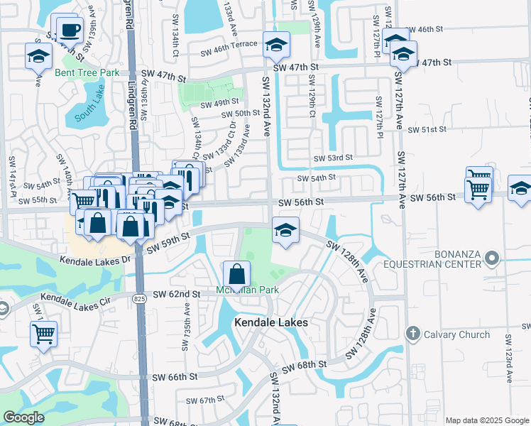 map of restaurants, bars, coffee shops, grocery stores, and more near 5725 Southwest 132nd Court in Miami
