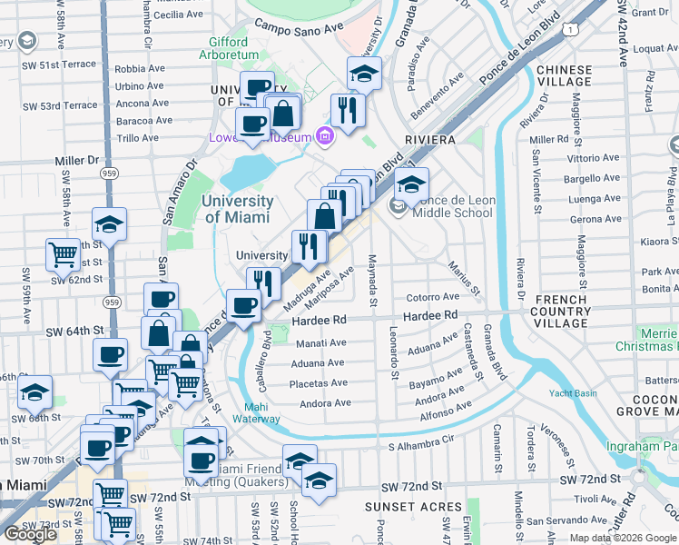 map of restaurants, bars, coffee shops, grocery stores, and more near 1200 Mariposa Avenue in Coral Gables