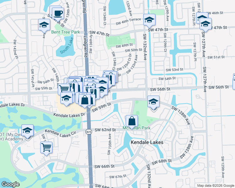 map of restaurants, bars, coffee shops, grocery stores, and more near 5700 Southwest 133rd Place in Miami