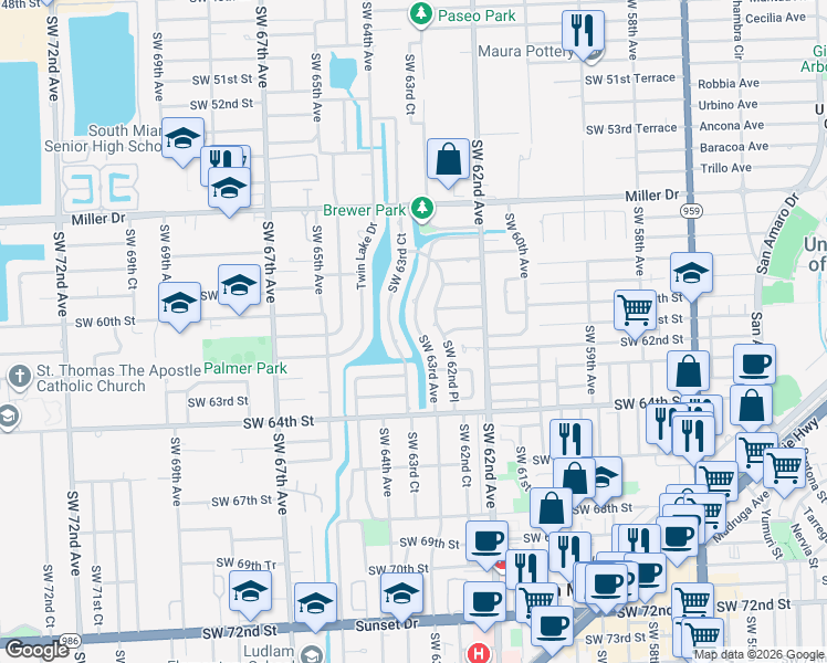 map of restaurants, bars, coffee shops, grocery stores, and more near 6031 Southwest 63rd Avenue in South Miami