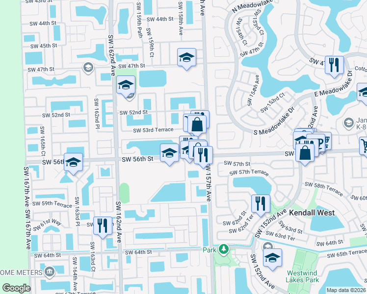 map of restaurants, bars, coffee shops, grocery stores, and more near 5472 Southwest 158th Court in Miami