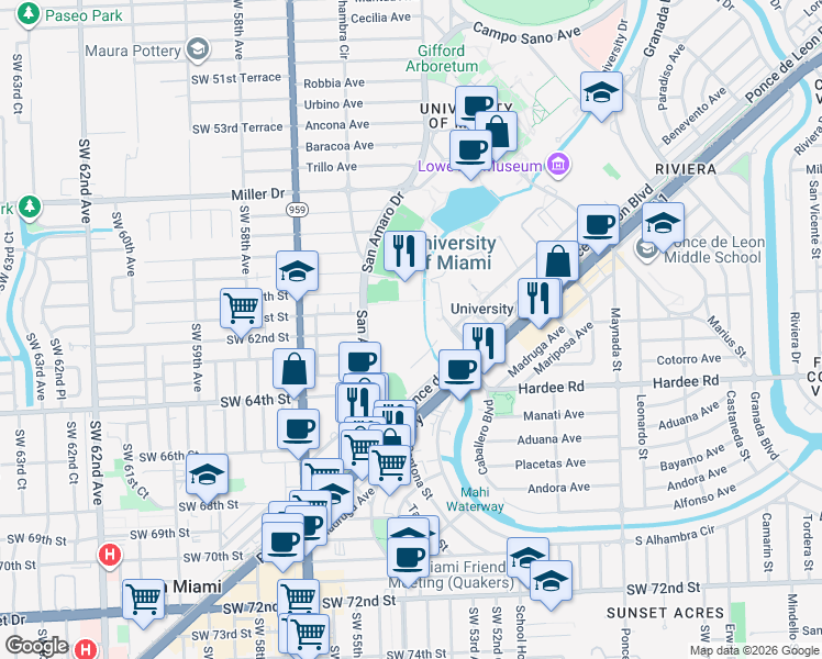 map of restaurants, bars, coffee shops, grocery stores, and more near 5821 San Amaro Drive in Coral Gables