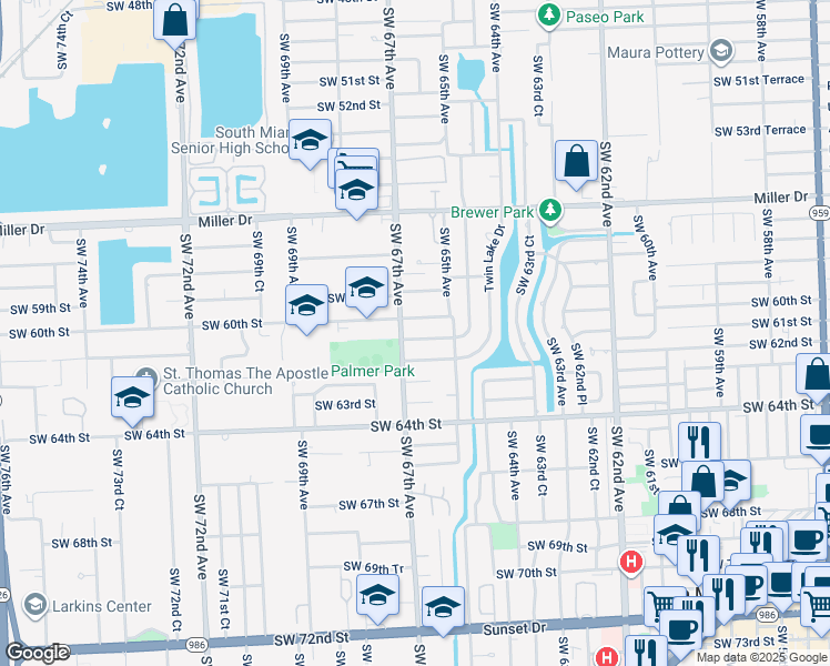 map of restaurants, bars, coffee shops, grocery stores, and more near 6538 Southwest 60th Street in South Miami